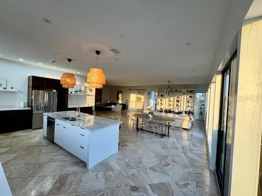 Dining room, Interior, Kitchen, Living room, Marble, Pendant Lights, Recessed Lighting, Stainless Steel Appliances