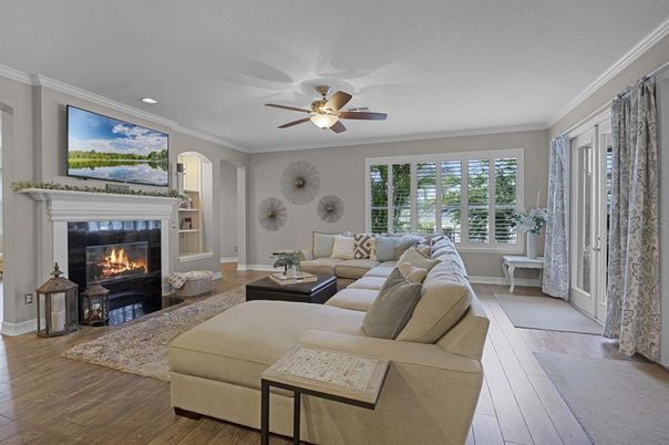 Fireplace, Interior, Living room, Recessed Lighting, Wood Texture Flooring