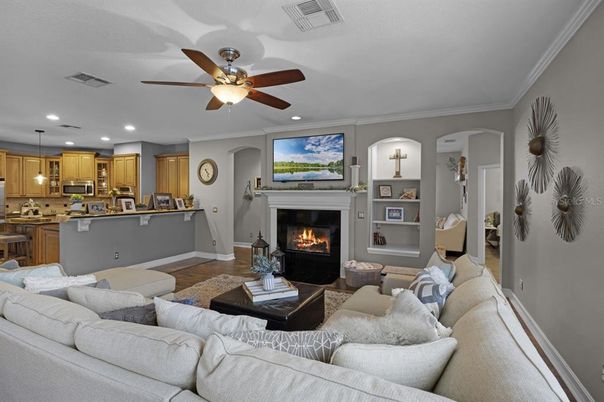Fireplace, Interior, Kitchen, Living room, Pendant Lights, Recessed Lighting, Wood Texture Flooring