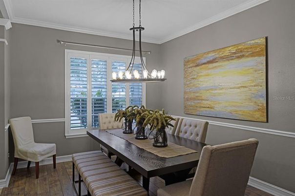 Dining room, Interior, Pendant Lights, Wood Texture Flooring