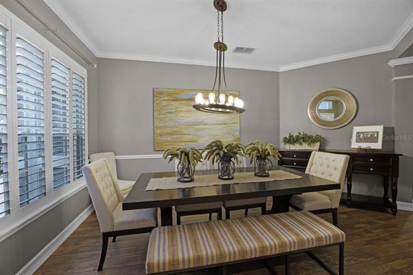 Dining room, Interior, Pendant Lights, Wood Texture Flooring