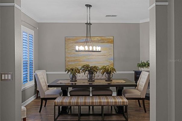 Dining room, Interior, Pendant Lights, Wood Texture Flooring