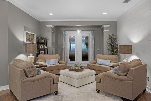 Interior, Living room, Pendant Lights, Recessed Lighting, Wood Texture Flooring