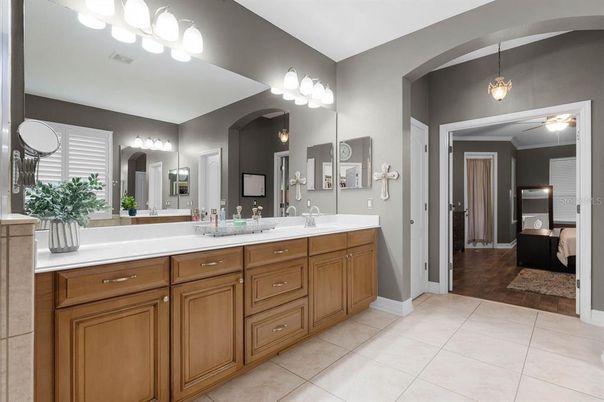 Bathroom, Dual Sink Vanities, Interior, Pendant Lights, Wood Texture Flooring