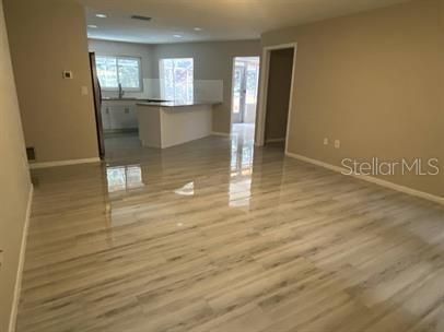 Empty room, Interior, Kitchen, Recessed Lighting, Wood Texture Flooring