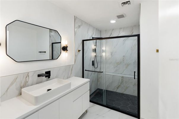 Bathroom, Glass Shower, Interior, Marble, Marble Walls, Recessed Lighting