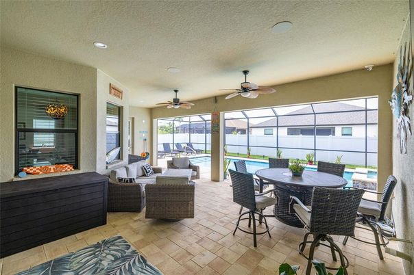 Dining room, Interior, Living room, Pool, Recessed Lighting, Sun Room