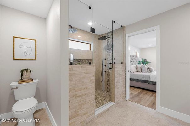 Bathroom, Bedroom, Glass Shower, Interior, Recessed Lighting, Wood Texture Flooring