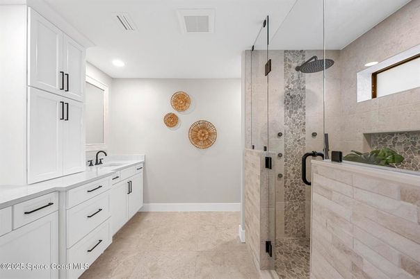 Bathroom, Dual Sink Vanities, Glass Shower, Interior, Recessed Lighting