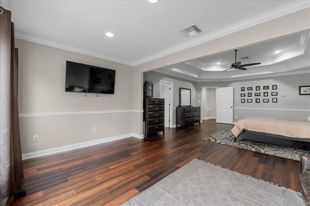 Bedroom, Interior, Recessed Lighting, Wood Texture Flooring