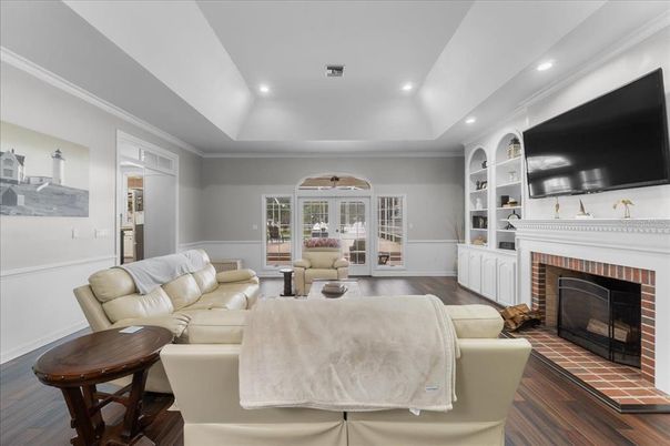 Fireplace, Interior, Living room, Recessed Lighting, Wood Texture Flooring