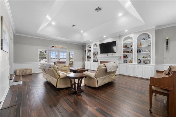 Interior, Living room, Piano, Recessed Lighting, Wood Texture Flooring