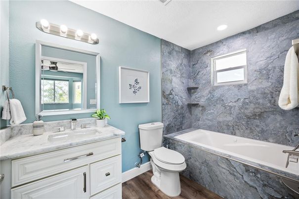 Bathroom, Interior, Marble Walls, Recessed Lighting, Wood Texture Flooring