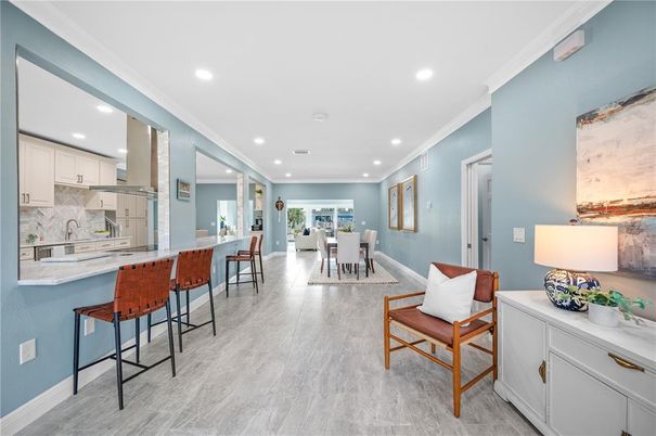 Dining room, Interior, Kitchen, Recessed Lighting, Wood Texture Flooring