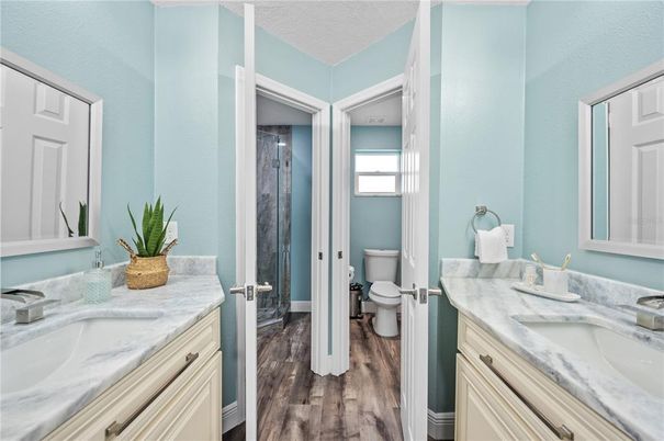 Bathroom, Glass Shower, Interior, Wood Texture Flooring