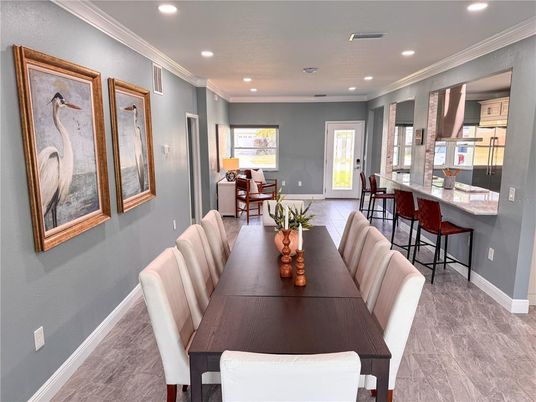 Dining room, Interior, Kitchen, Recessed Lighting, Wood Texture Flooring