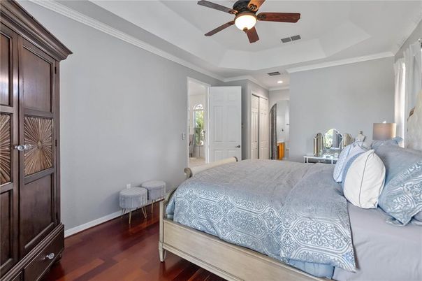 Bedroom, Interior, Recessed Lighting, Wood Texture Flooring