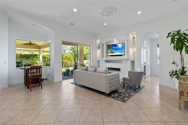Dining room, Fireplace, Interior, Living room, Recessed Lighting