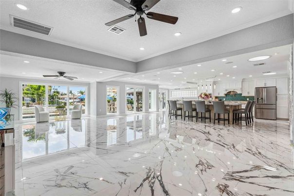 Interior, Kitchen, Marble, Pendant Lights, Recessed Lighting, Stainless Steel Appliances