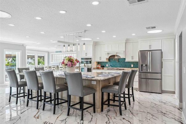 Interior, Kitchen, Marble, Pendant Lights, Recessed Lighting, Stainless Steel Appliances
