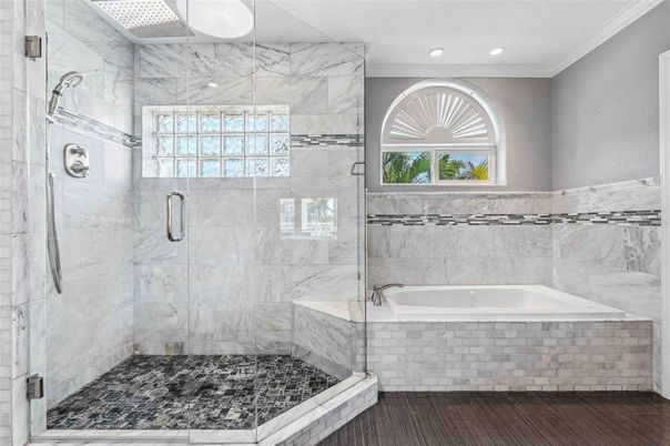 Bathroom, Glass Shower, Interior, Marble Walls, Recessed Lighting