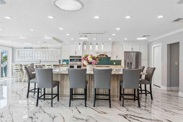 Interior, Kitchen, Marble, Pendant Lights, Recessed Lighting, Stainless Steel Appliances