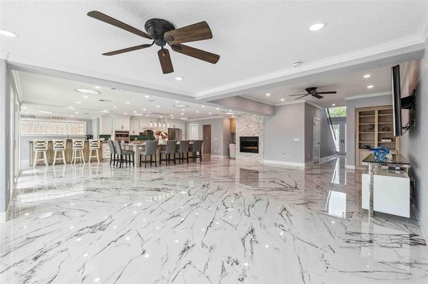 Dining room, Fireplace, Interior, Kitchen, Marble, Recessed Lighting, Stone Walls