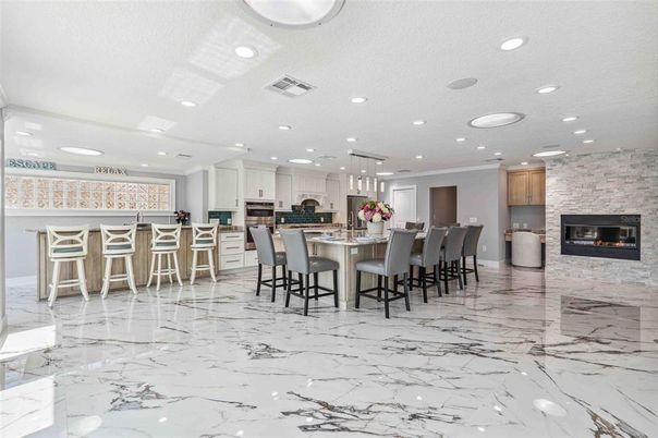 Fireplace, Interior, Kitchen, Marble, Pendant Lights, Recessed Lighting, Stone Walls