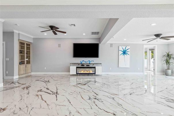 Empty room, Fireplace, Interior, Marble, Recessed Lighting
