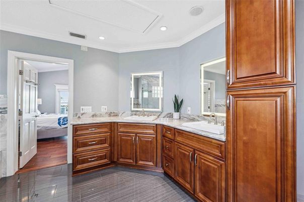 Bathroom, Bedroom, Dual Sink Vanities, Interior, Recessed Lighting, Wood Texture Flooring