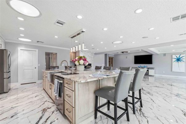 Interior, Kitchen, Marble, Pendant Lights, Recessed Lighting, Stainless Steel Appliances
