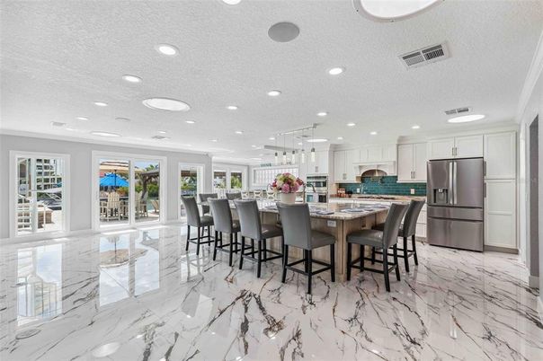 Interior, Kitchen, Marble, Pendant Lights, Recessed Lighting, Stainless Steel Appliances