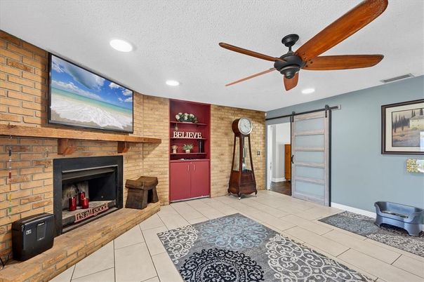 Fireplace, Interior, Recessed Lighting, Stone Walls