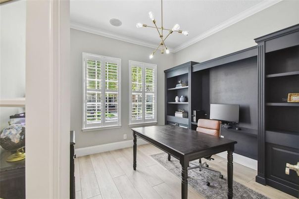 Home Office, Interior, Pendant Lights, Wood Texture Flooring