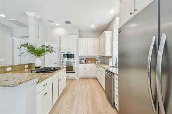 Interior, Kitchen, Recessed Lighting, Stainless Steel Appliances, Wood Texture Flooring