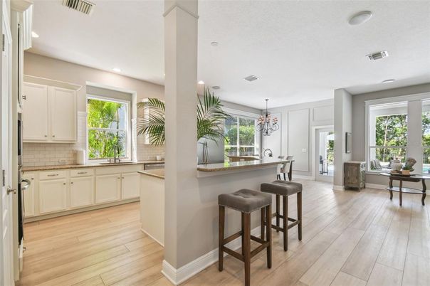 Chandelier, Interior, Kitchen, Recessed Lighting, Wood Texture Flooring