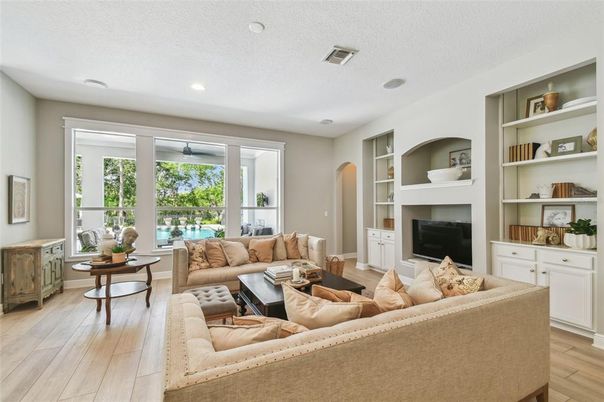 Fireplace, Interior, Living room, Recessed Lighting, Wood Texture Flooring
