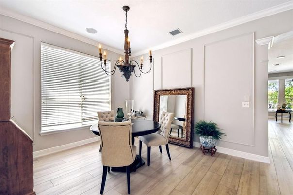 Chandelier, Dining room, Interior, Wood Texture Flooring