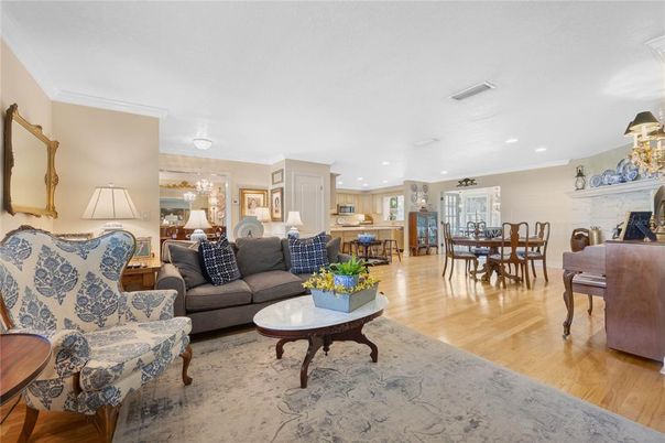 Dining room, Fireplace, Interior, Kitchen, Living room, Recessed Lighting, Wood Texture Flooring