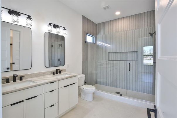 Bathroom, Dual Sink Vanities, Glass Shower, Interior, Recessed Lighting
