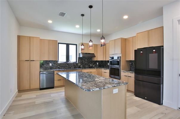 Interior, Kitchen, Pendant Lights, Recessed Lighting, Stainless Steel Appliances, Wood Texture Flooring