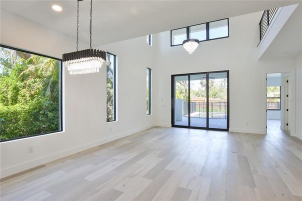 Chandelier, Empty room, Interior, Pendant Lights, Recessed Lighting, Wood Texture Flooring