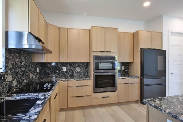 Interior, Kitchen, Recessed Lighting, Stainless Steel Appliances, Wood Texture Flooring