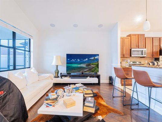 Interior, Kitchen, Living room, Pendant Lights, Wood Texture Flooring