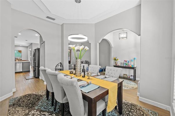 Dining room, Interior, Pendant Lights, Recessed Lighting, Wood Texture Flooring