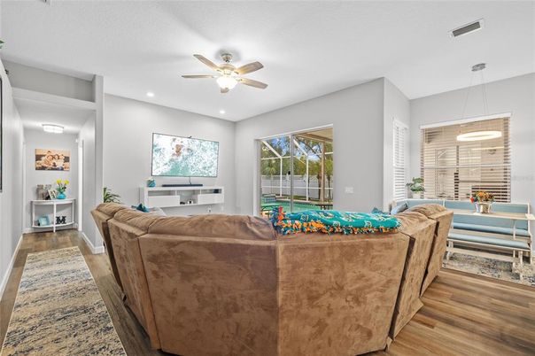 Interior, Living room, Pendant Lights, Recessed Lighting, Wood Texture Flooring