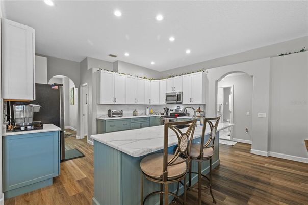 Interior, Kitchen, Recessed Lighting, Stainless Steel Appliances, Wood Texture Flooring