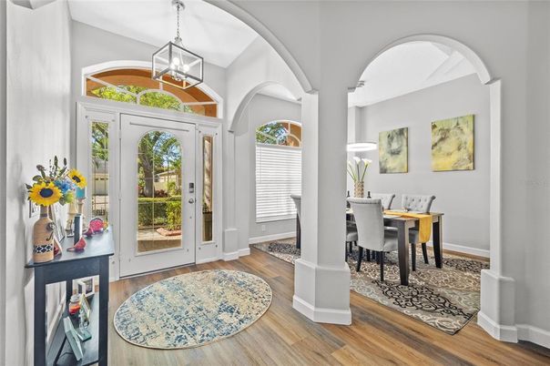 Dining room, Interior, Pendant Lights, Wood Texture Flooring