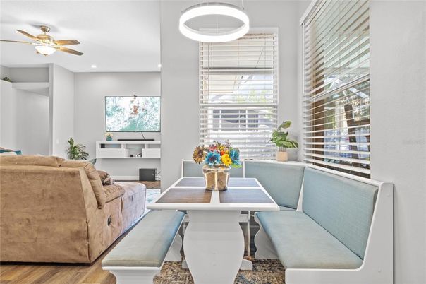 Dining room, Interior, Living room, Pendant Lights, Recessed Lighting, Wood Texture Flooring