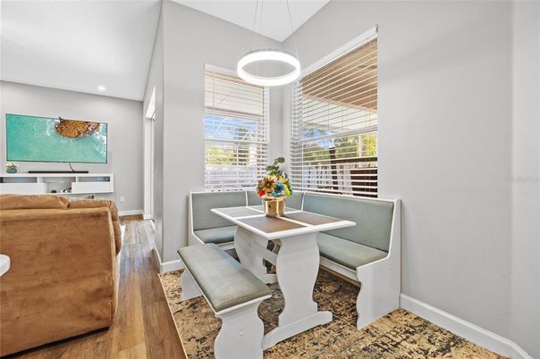 Dining room, Interior, Pendant Lights, Recessed Lighting, Wood Texture Flooring